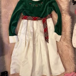 American Girl Green Velvet and White Satin Holiday Dress with Red Plaid Sash